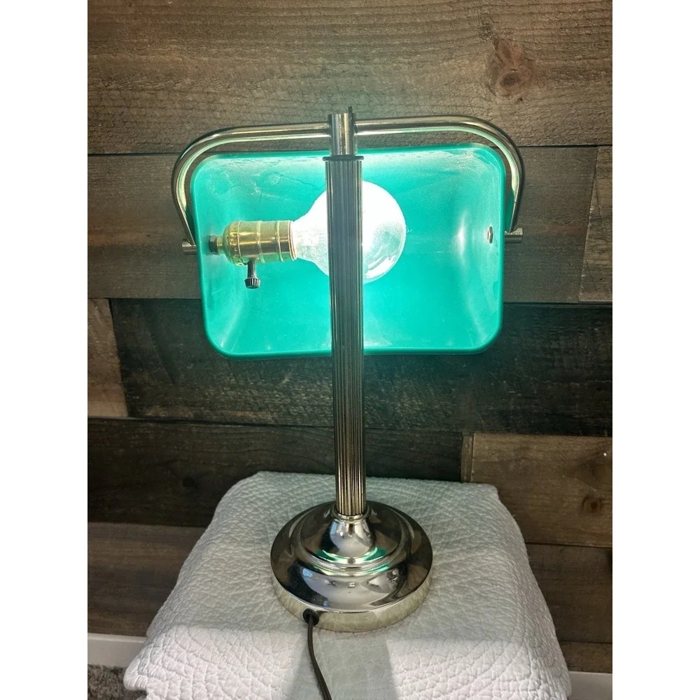 Vintage Brass Bankers Desk Library Students Lamp Emerald Green Glass Shade